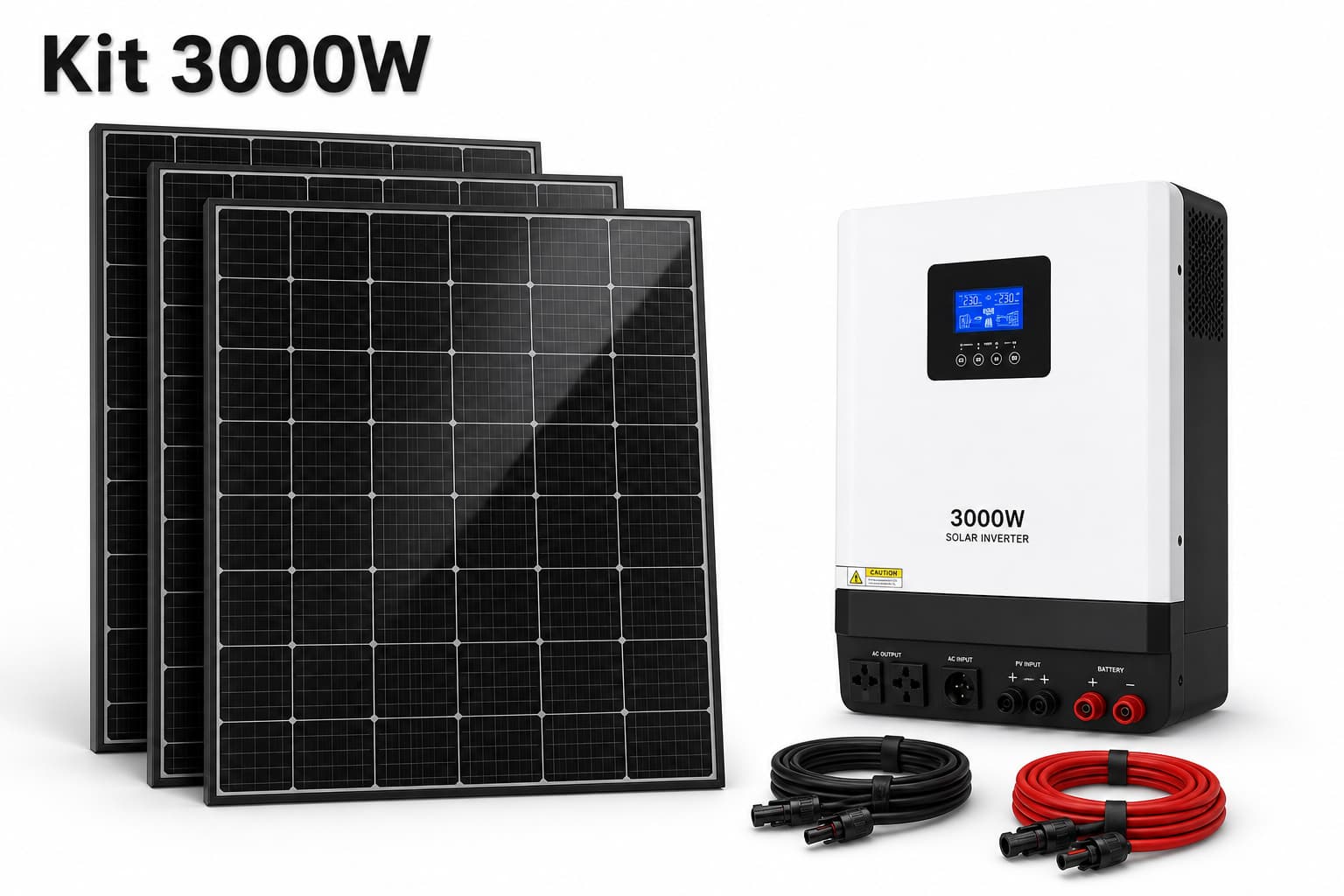 Kit solaire 3000W composé de trois panneaux noirs monocristallins empilés, d