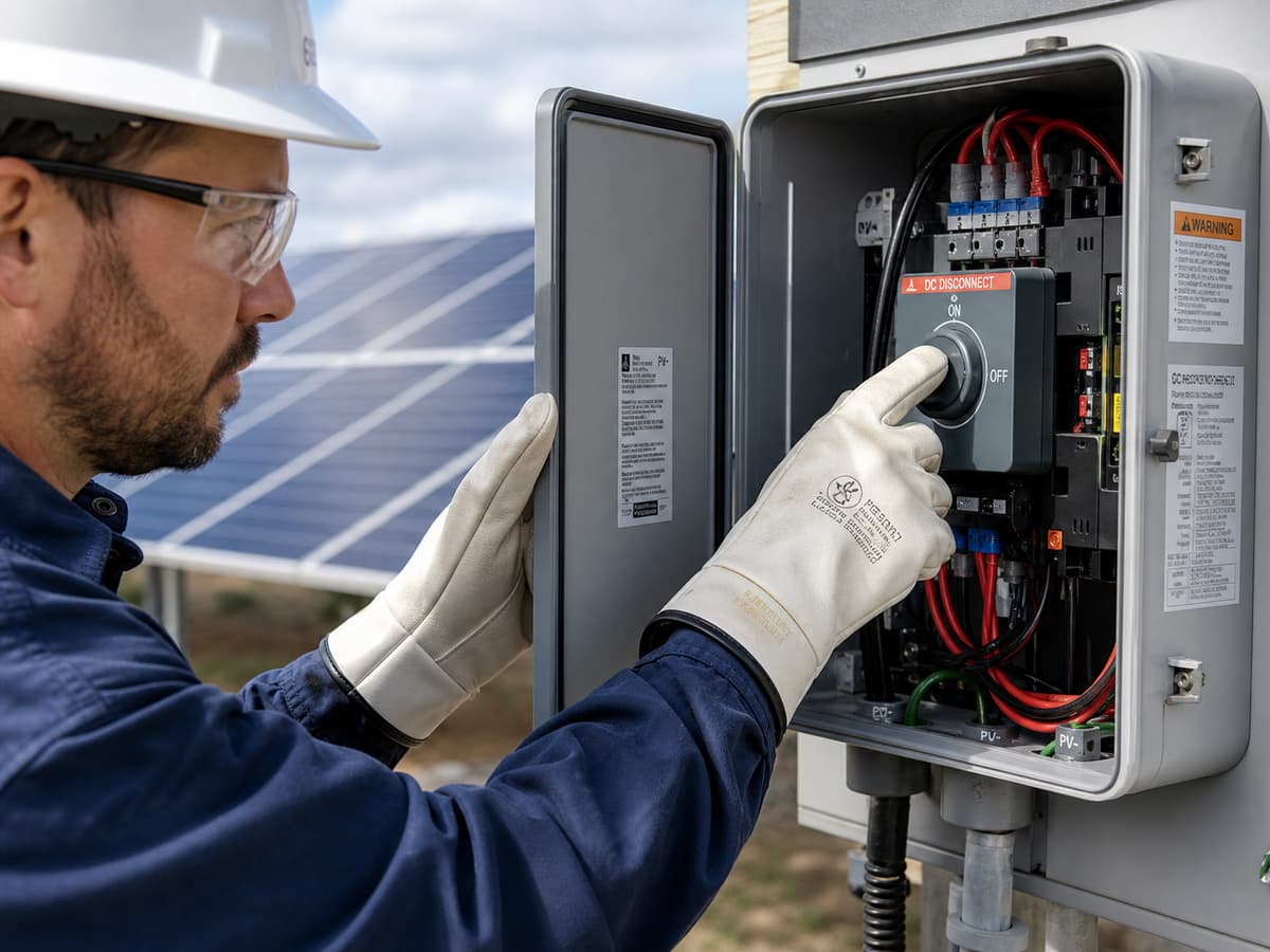 Un technicien portant des gants isolants ouvre avec précaution un coffret DC, une main sur un sectionneur, avec des panneaux solaires en arrière-plan.