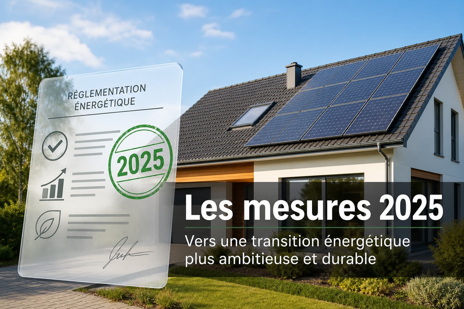 Une maison moderne de banlieue avec des panneaux solaires sur le toit, sur fond de document translucide affichant un tampon vert