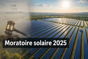 Vue aérienne d'une vaste ferme solaire avec des panneaux photovoltaïques modernes, un ciel ensoleillé, et en surimpression des documents législatifs, un marteau de juge et le texte 'Moratoire solaire 2025'.
