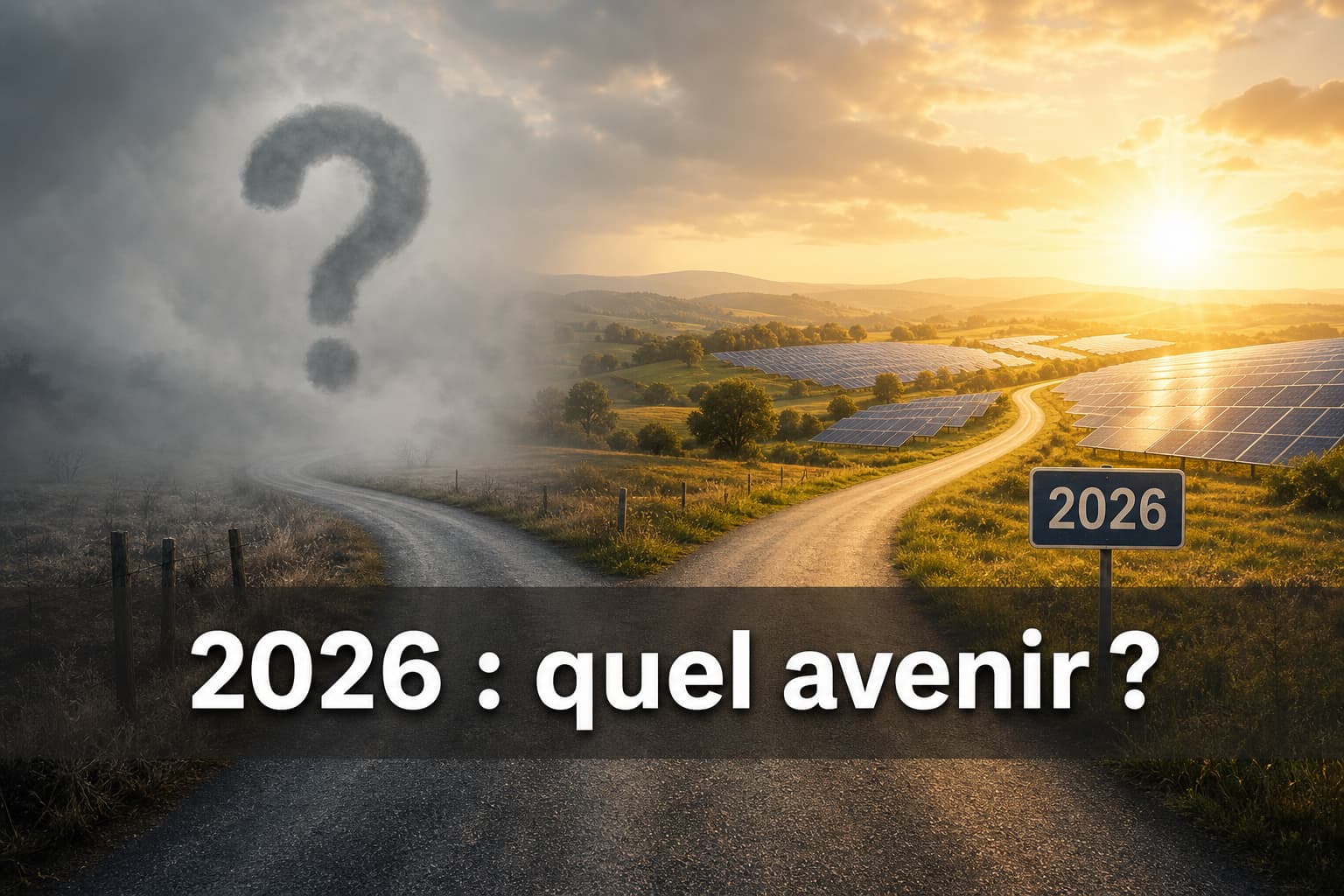Route rurale bifurquant entre une voie ensoleillée avec des panneaux solaires et un panneau