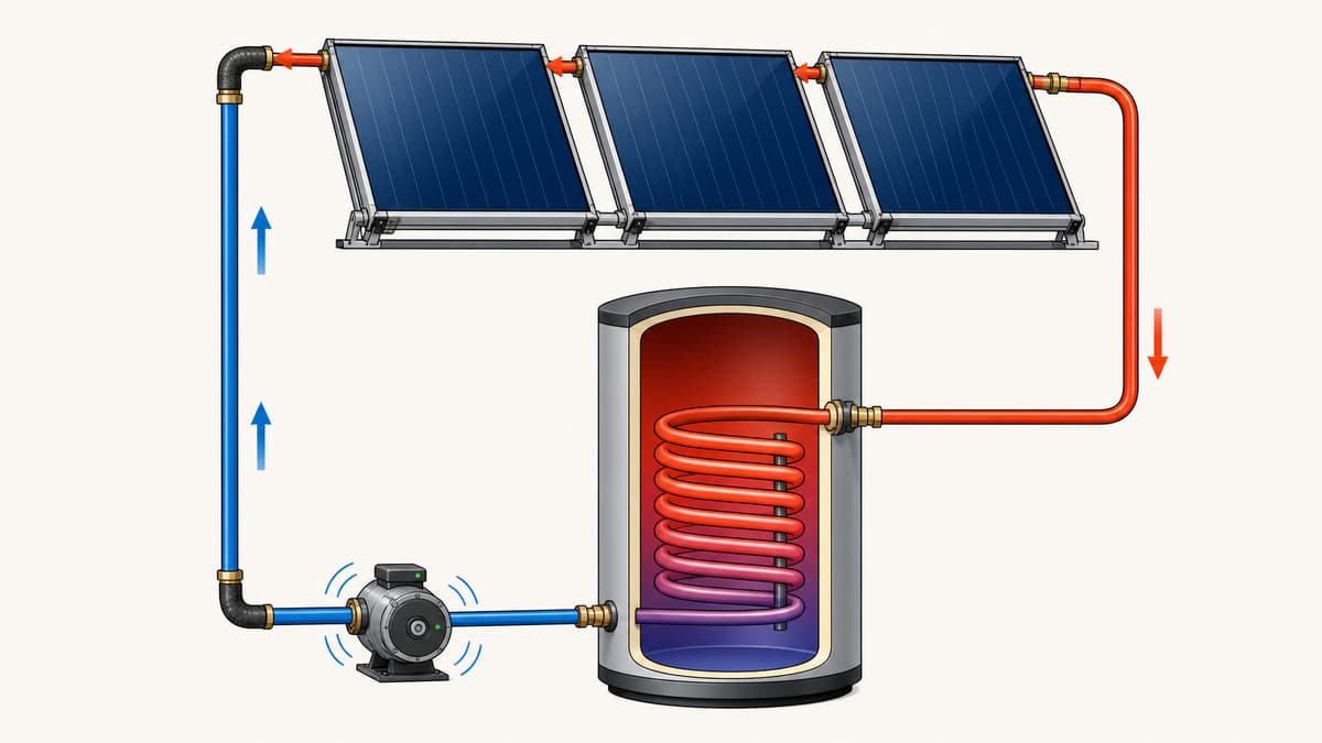 Schéma technique simplifié montrant des capteurs solaires en haut, un ballon avec échangeur en bas, une pompe en fonctionnement et des flèches indiquant la circulation du fluide caloporteur.