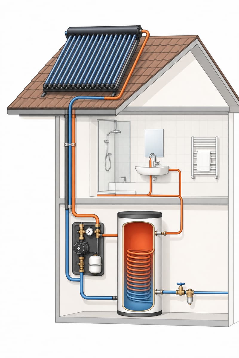 Schéma simplifié d’une installation solaire thermique avec capteurs à tubes en toiture, canalisations isolées, station solaire, vase d’expansion et ballon avec échangeur.