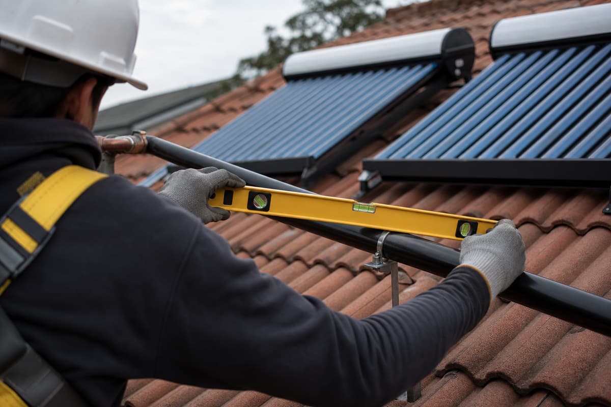 Un installateur vu de dos vérifie la pente d